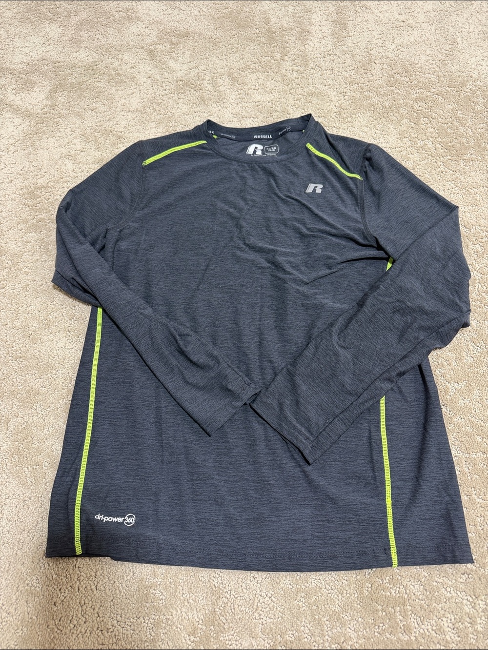 Russell Athletic Dark Gray Long Sleeve Performance Tee with Neon Green Accents